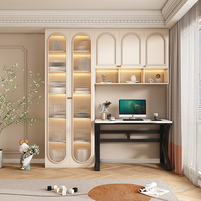 Modern Bookcase with Glass Doors Books Integrated Lighting Beside Computer Desk and Potted Plant 3d model 