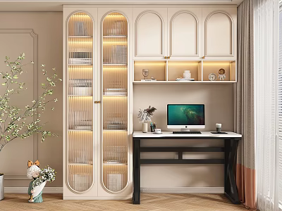 Modern Bookcase with Glass Doors Books Integrated Lighting Beside Computer Desk and Potted Plant 3d model