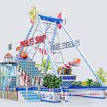 Vibrant Pirate Ship Amusement Ride with Red Sign Palm Trees and Lighthouse Decor