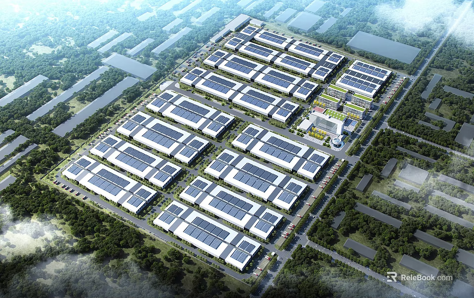 Sustainable Modern Industrial Park With Solar Panels Green Surroundings And Planned Layout 3d model 