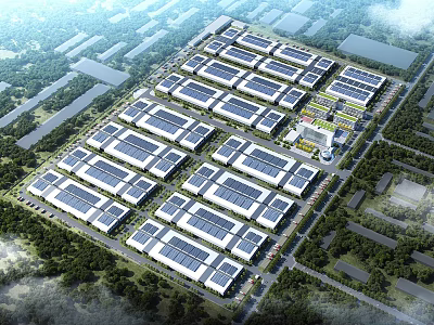 Sustainable Modern Industrial Park With Solar Panels Green Surroundings And Planned Layout 3d model