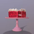 Red Velvet Cake With White Cream Topping On Pink Cake Stand And Sliced Piece
