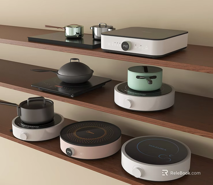 Various Kitchen Appliances Including Induction Cooktops Electric Cookers And Frying Pans Displayed On Wooden Shelves 3d model 