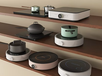 Various Kitchen Appliances Including Induction Cooktops Electric Cookers And Frying Pans Displayed On Wooden Shelves 3d model
