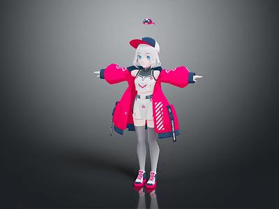 3D Rendered Video Game Character With White Hair Pink Coat Cap And Gray Stockings 3d model