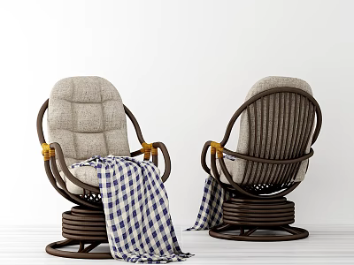 Pair of Comfortable Lounge Chairs With Wicker Frame Round Base Light Cushion And Checkered Blanket 3d model
