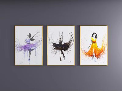 Abstract Female Figure Paintings Set Of Three With Purple Black Orange Brushstrokes 3d model