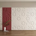 Stylish Background Wall With Red And Beige Geometric Patterns Green Plant And Wooden Floor