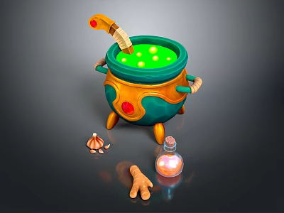 Colorful Cauldron With Green Liquid Wooden Spoon Potion Bottle Small Crab Toy And Ginger Root 3d model