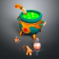 Colorful Cauldron With Green Liquid Wooden Spoon Potion Bottle Small Crab Toy And Ginger Root