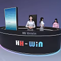 Black Curved Design Exhibition Reception Desk With Large Screen Information Sign And HH Win Logo