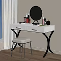 White Dressing Table With Black Legs Round Mirror Cosmetics And Stool 3d model