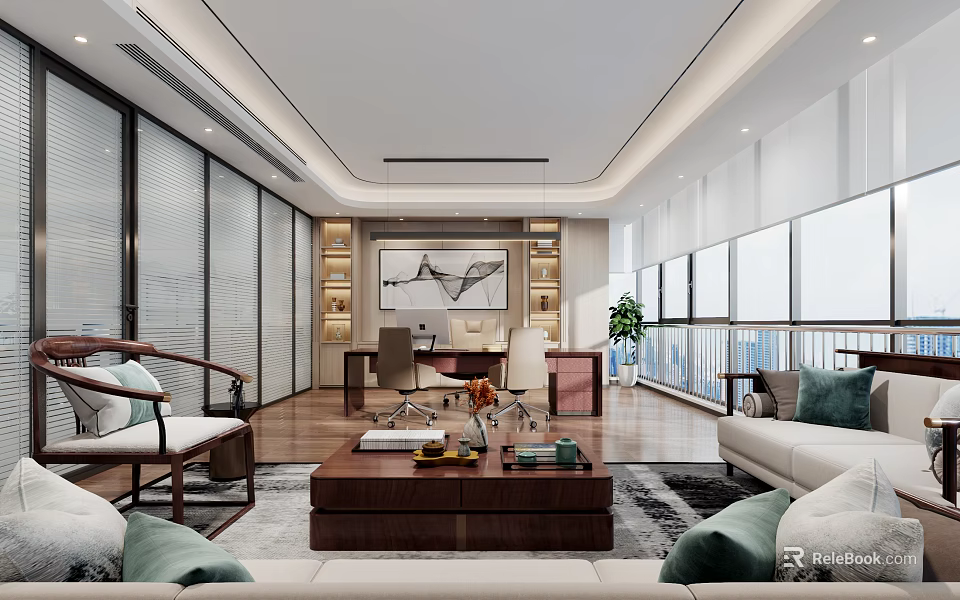 Modern Office Interior Design With Sofa Coffee Table Work Desk And Floor To Ceiling Windows 3d model