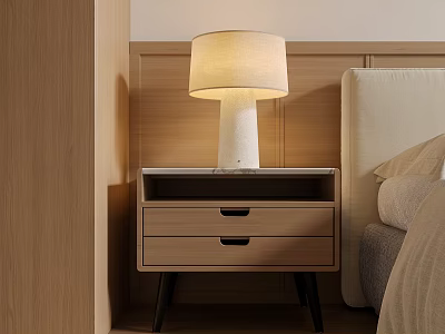 Modern Wooden Bedroom Bedside Table with Two Drawers and Fabric Shade Lamp 3d model