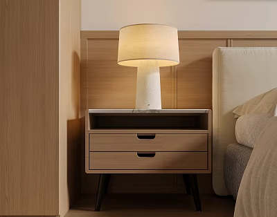 Modern Wooden Bedroom Bedside Table with Two Drawers and Fabric Shade Lamp 3d model