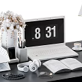Modern Laptop Desk Setup With 8 31 Digital Clock Open Book Table Lamp And Stationery