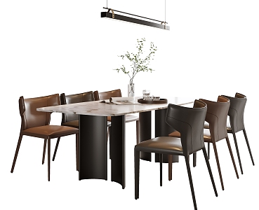 Modern Italian Dining Table and Chair Combination Type Chandelier Leather Dining Chair Square Dining Table Fruit Decoration 3d model