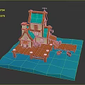 Cartoon Style Orange House With Green Roof On Blue Water Dock Scene