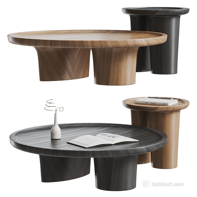 Modern Round Coffee Table With Wooden And Black Base Featuring Open Book And Decorative Vase 3d model 