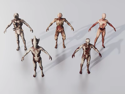 Male Zombie Like Figures With Tattered Skin Bloodstains And Various Poses On Light Background 3d model