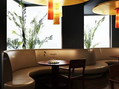 Curved Beige Sofa Set with Round Tables Windows and Green Plants in Modern Cozy Interior 3d model