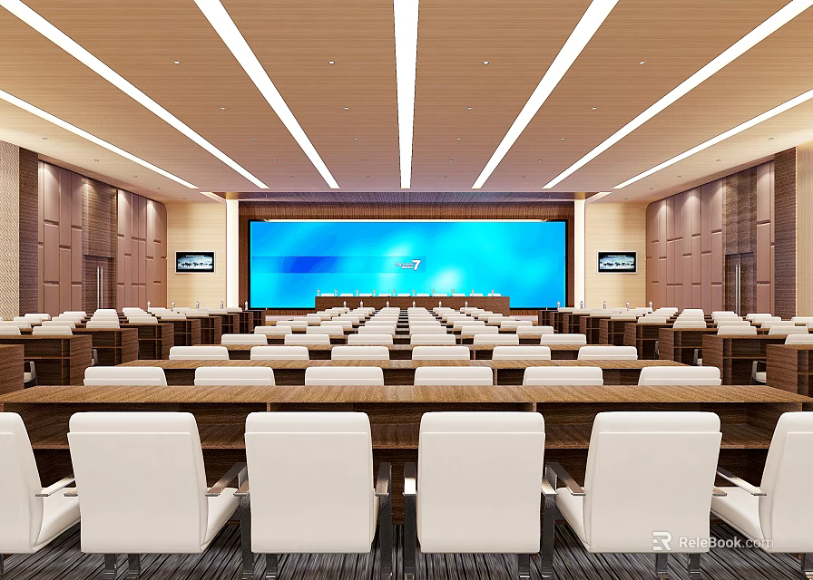 Spacious Conference Room Interior With Large Blue Screen Wooden Walls And White Chairs 3d model 