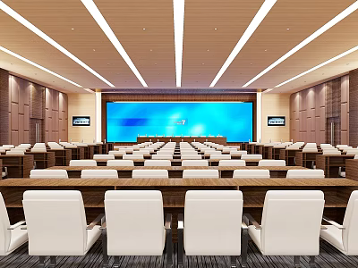 Spacious Conference Room Interior With Large Blue Screen Wooden Walls And White Chairs 3d model