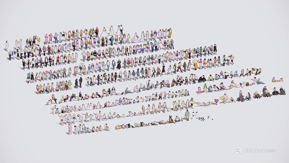 Diverse Group of People in Public Space with Various Activities 3d model 