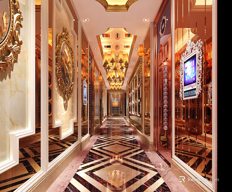 Elegant Hotel Corridor With Ornate Decorations Crystal Chandeliers Mirrored Walls Marble Flooring And Golden Accents 3d model 