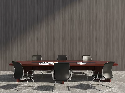 Rectangular Dark Brown Conference Table With Black Chairs Documents And Wood Grain Wall 3d model