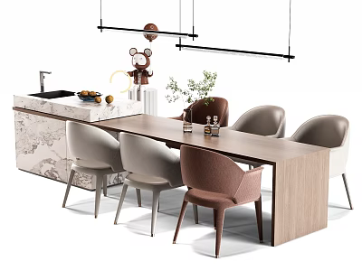Modern Dining Table Set with Gray Brown Chairs Kitchen Island Sink Fruits Plant and Hanging Lights 3d model
