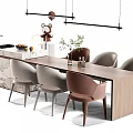 Modern Dining Table Set with Gray Brown Chairs Kitchen Island Sink Fruits Plant and Hanging Lights