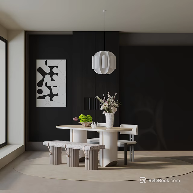 Modern Dining Table Set With White Pendant Light Chairs Bench Black Walls And Abstract Painting 3d model 