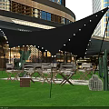 Garden Landscape With Black Sunshades String Lights Green Lawn Folding Chairs Cactus Decorations Modern Buildings