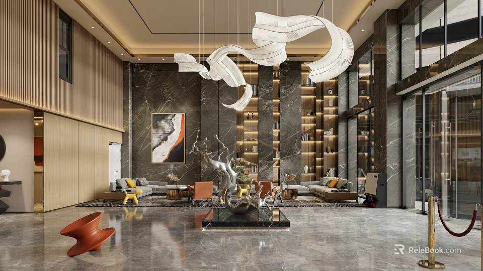 Elegant Hotel Lobby Interior With Marble Walls Artistic Chandeliers And Sofa Seating Area 3d model 
