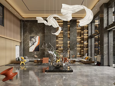 Elegant Hotel Lobby Interior With Marble Walls Artistic Chandeliers And Sofa Seating Area 3d model