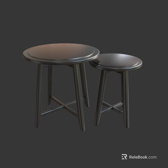 Two Modern Dark Colored Round Top Stools with Three Legs Design 3d model