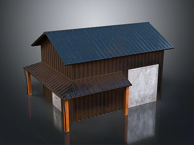 Barn Style Building with Blue Metal Roof Wooden Siding and Roll Up Door Overhang 3d model