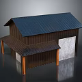 Barn Style Building with Blue Metal Roof Wooden Siding and Roll Up Door Overhang