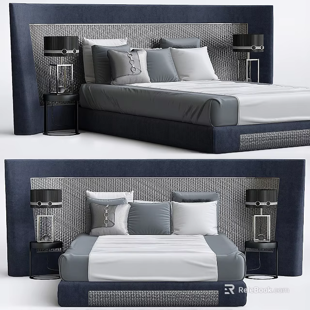 Modern Double Bed With Patterned Headboard Gray White Pillows And Nightstand Lamps 3d model
