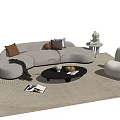 Modern Curved Sofa and Coffee Table Set With Throw Pillows Accent Chair and Woven Rug