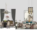 Traditional Chinese Sofa And Coffee Table Set With Pendant Lights Decorative Painting And Curtains