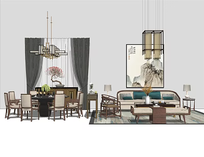 Traditional Chinese Sofa And Coffee Table Set With Pendant Lights Decorative Painting And Curtains 3d model