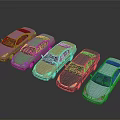 Different Colored Cars Lined Up In Row On Dark Background With Shiny Finish