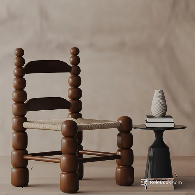 Wooden Dining Chair Featuring Rounded Bulbous Design Woven Seat And Side Table With Vase Books 3d model 