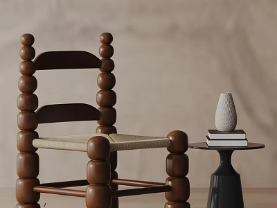 Wooden Dining Chair Featuring Rounded Bulbous Design Woven Seat And Side Table With Vase Books 3d model