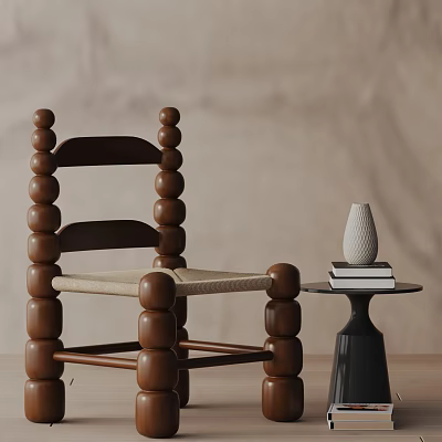 Wooden Dining Chair Featuring Rounded Bulbous Design Woven Seat And Side Table With Vase Books 3d model