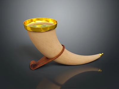 Unique Horn Shaped Decorative Container With Gold Rim And Wooden Stand 3d model
