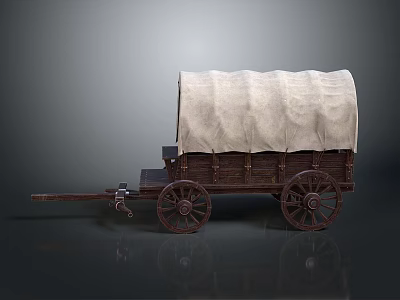 Old Fashioned Covered Wagon with Wooden Wheels and Canvas Cover on Dark Reflective Surface 3d model