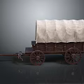 Old Fashioned Covered Wagon with Wooden Wheels and Canvas Cover on Dark Reflective Surface